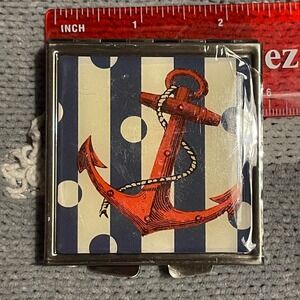 Nautical Anchor Metal 2" square pill box Sew‎  mint trinket Compact Travel Case